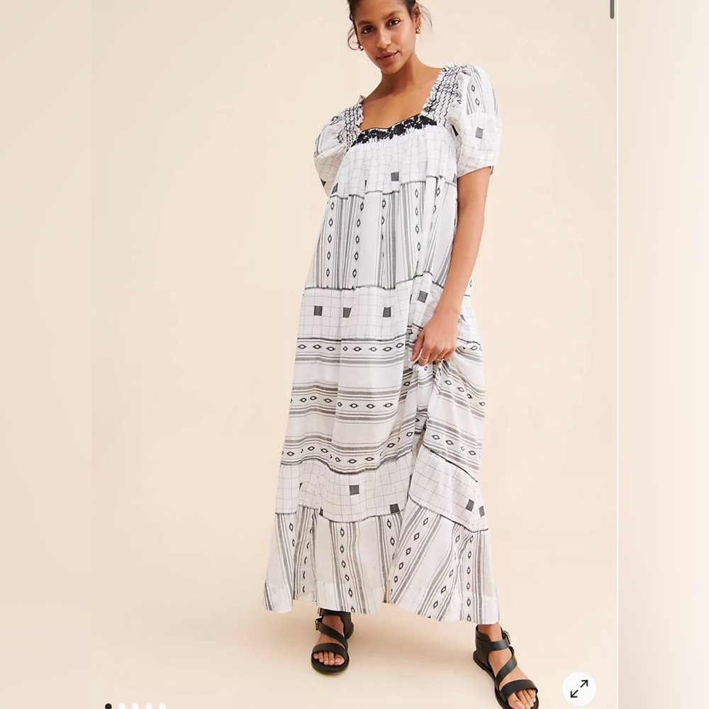 Free People Maxi Dress Black White Smocked Puff Sleeve Boho Size S Cottagecore